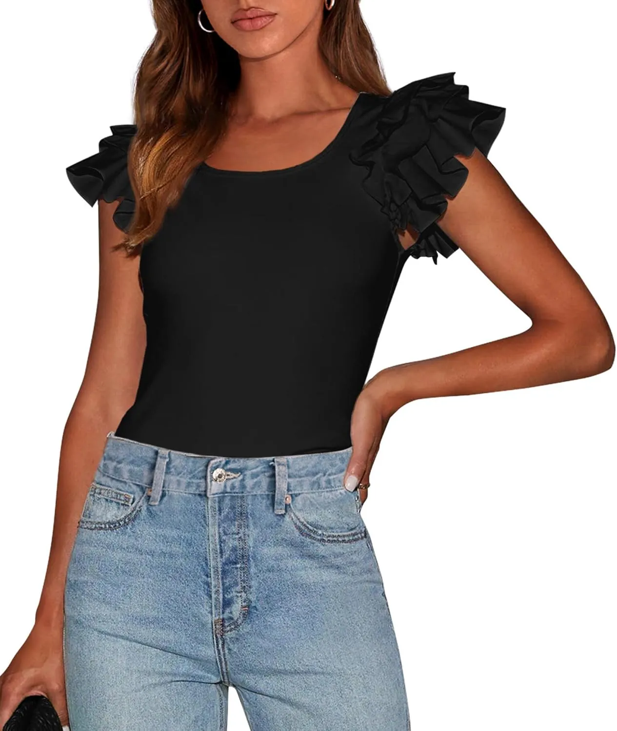 PRETTYGARDEN Womens Ruffle Short Sleeve Crew Neck Shirts 2025 Summer Casual Basic Tee Cute Fitted Fashion Tops Clothes