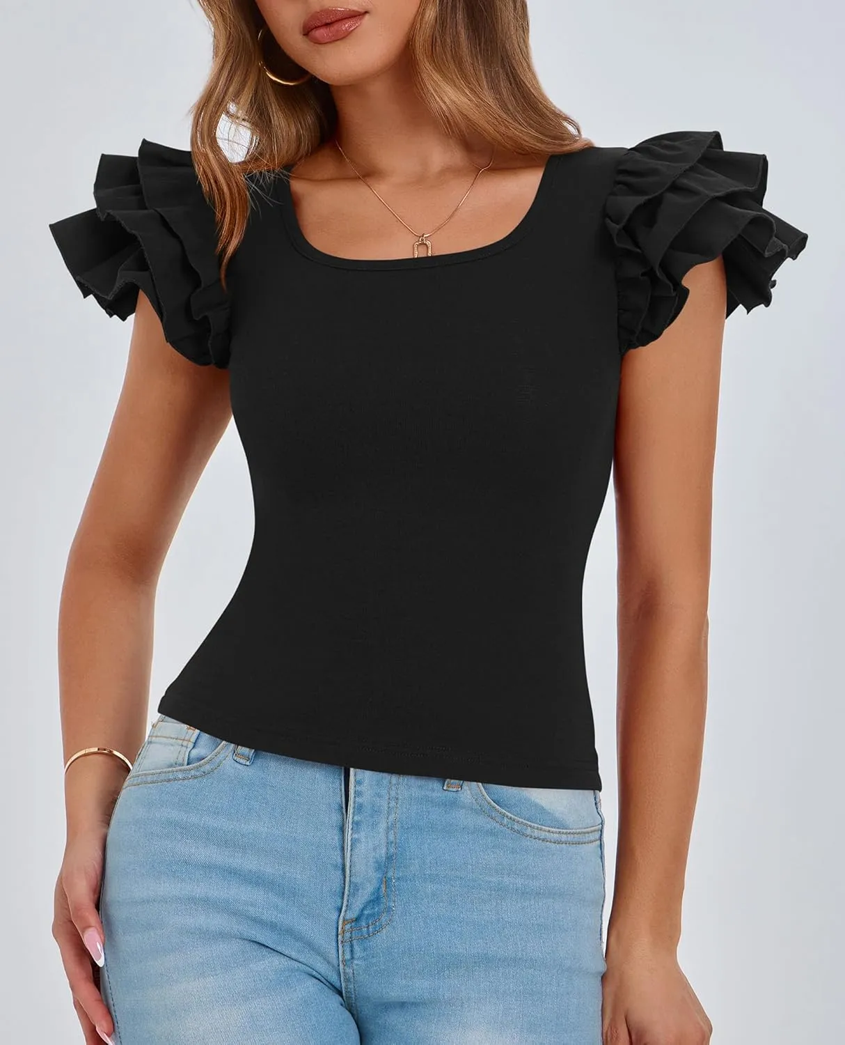 PRETTYGARDEN Womens Ruffle Short Sleeve Crew Neck Shirts 2025 Summer Casual Basic Tee Cute Fitted Fashion Tops Clothes