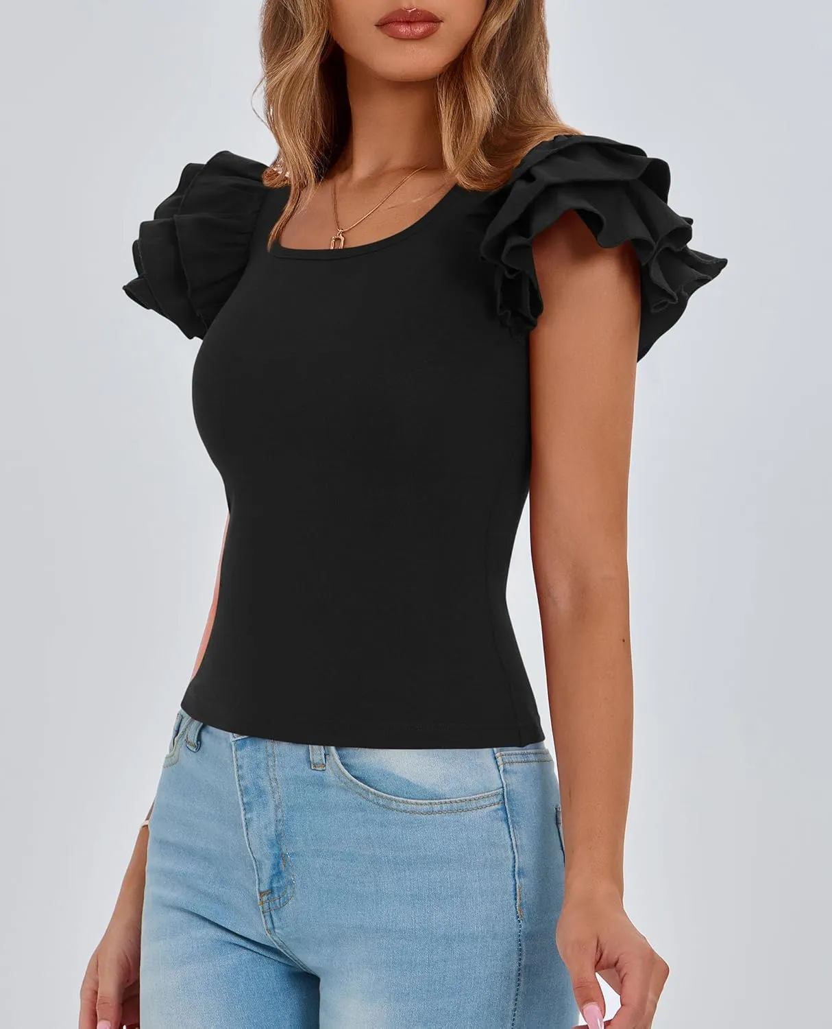 PRETTYGARDEN Womens Ruffle Short Sleeve Crew Neck Shirts 2025 Summer Casual Basic Tee Cute Fitted Fashion Tops Clothes