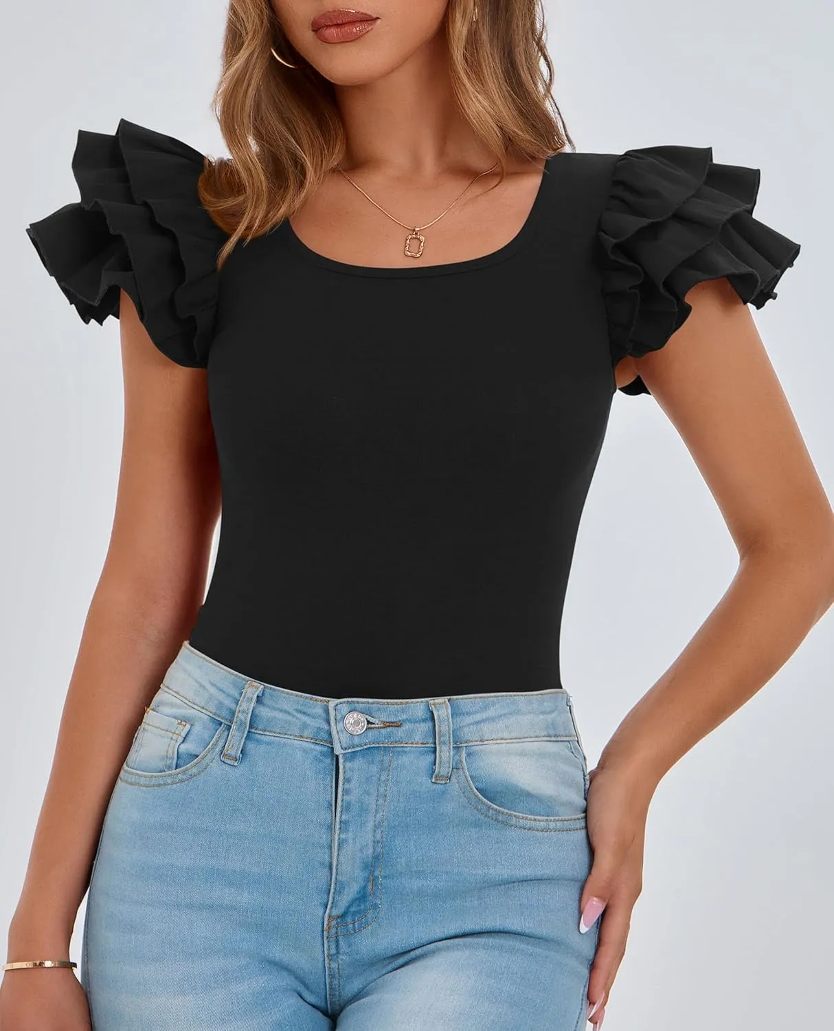 PRETTYGARDEN Womens Ruffle Short Sleeve Crew Neck Shirts 2025 Summer Casual Basic Tee Cute Fitted Fashion Tops Clothes