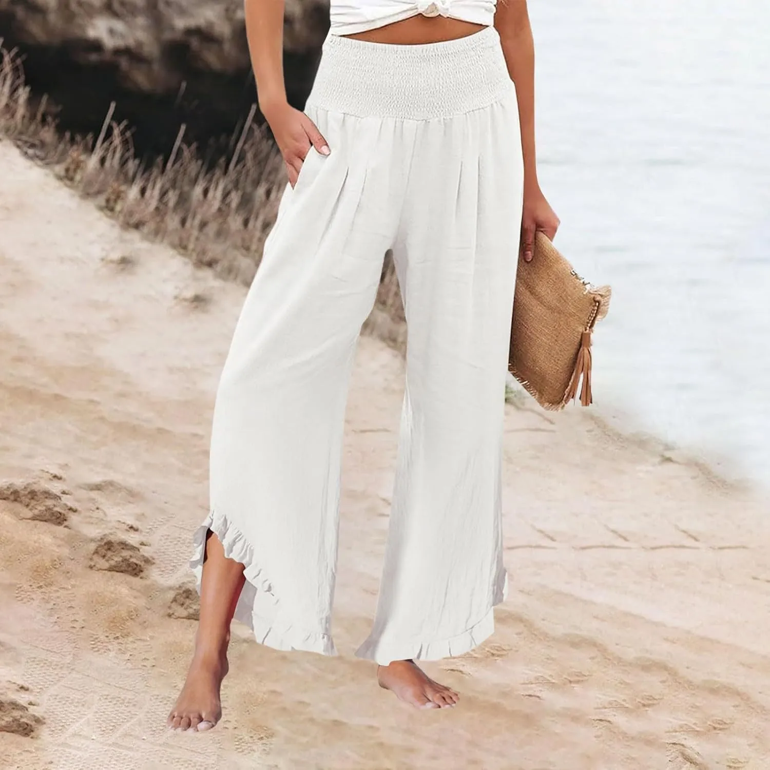 Wide Leg Pants Woman Flowy 2025 Summer Palazzo Trousers Dressy Cotton Linen Boho Long Pant Lounge with Pockets