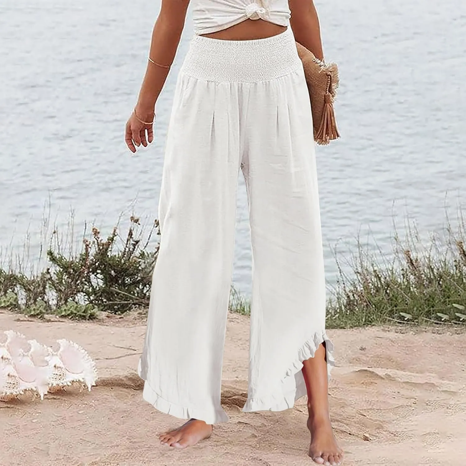 Wide Leg Pants Woman Flowy 2025 Summer Palazzo Trousers Dressy Cotton Linen Boho Long Pant Lounge with Pockets