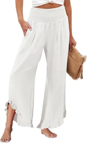Wide Leg Pants Woman Flowy 2025 Summer Palazzo Trousers Dressy Cotton Linen Boho Long Pant Lounge with Pockets