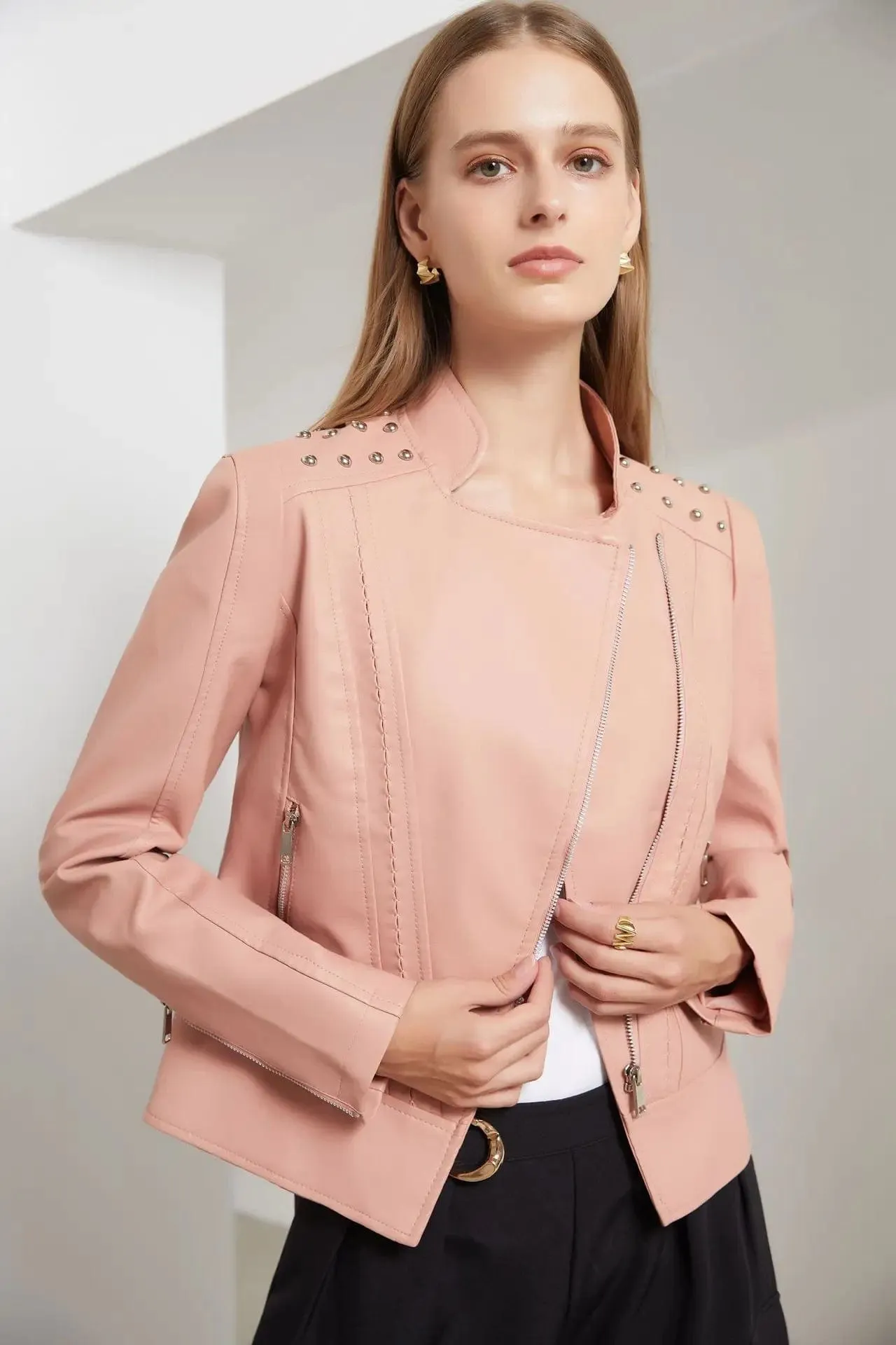 Women Faux Leather Thin  Turn Down Collar Full Casual Splice Short Jacket Slim Fit