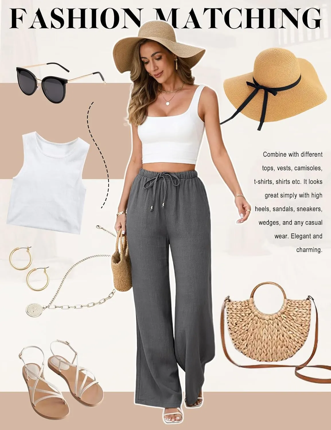 Womens Linen Pants High Waisted Wide Leg Trousers Summer Palazzo Casual Pant Flowy Drawstring Beach Pants