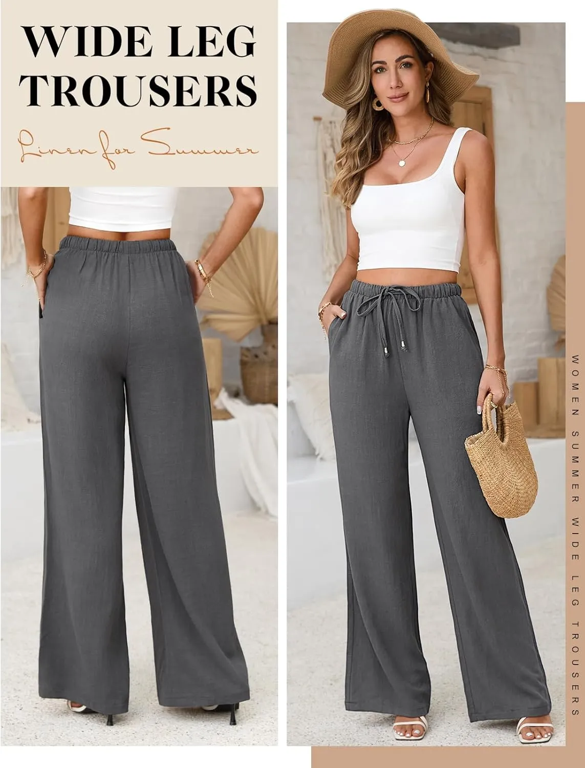 Womens Linen Pants High Waisted Wide Leg Trousers Summer Palazzo Casual Pant Flowy Drawstring Beach Pants