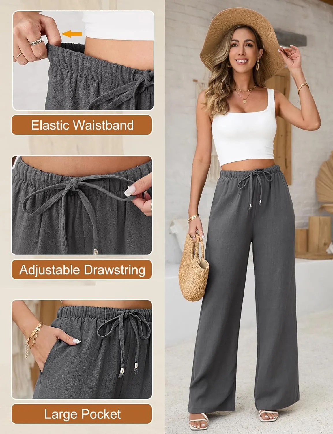 Womens Linen Pants High Waisted Wide Leg Trousers Summer Palazzo Casual Pant Flowy Drawstring Beach Pants