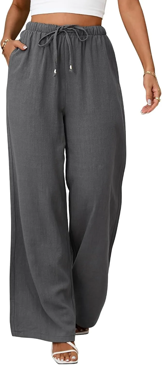 Womens Linen Pants High Waisted Wide Leg Trousers Summer Palazzo Casual Pant Flowy Drawstring Beach Pants