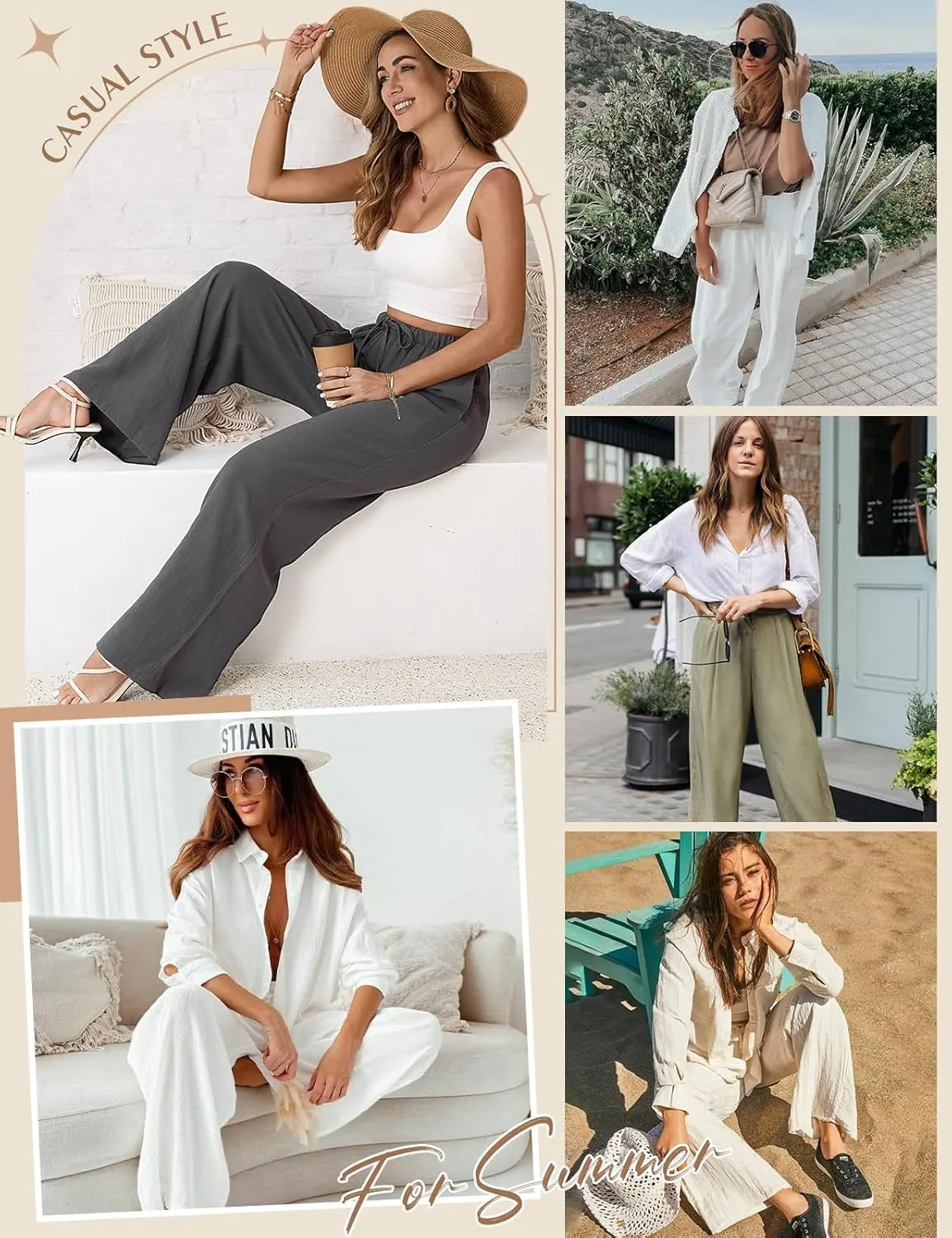 Womens Linen Pants High Waisted Wide Leg Trousers Summer Palazzo Casual Pant Flowy Drawstring Beach Pants