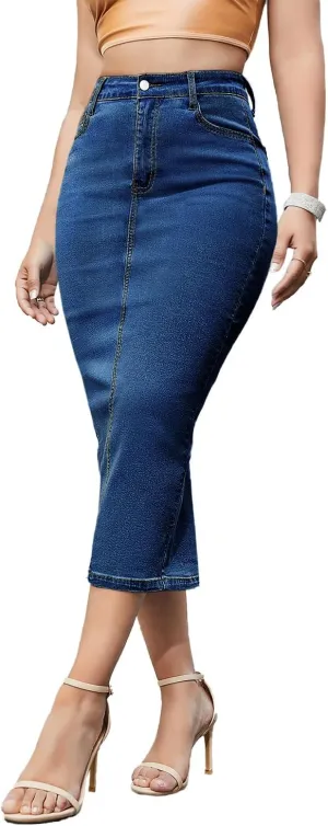 Women's Long Jean Skirts Stretch Denim Midi Skirts with Back Slit Bodycon Mid Waisted A Line Dress with Pockets