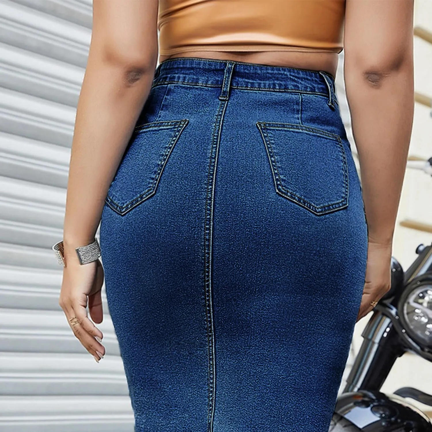 Women's Long Jean Skirts Stretch Denim Midi Skirts with Back Slit Bodycon Mid Waisted A Line Dress with Pockets