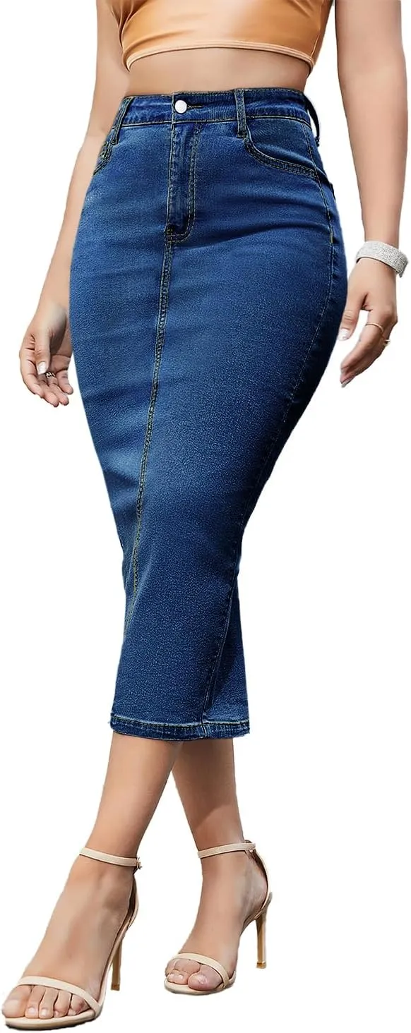 Women's Long Jean Skirts Stretch Denim Midi Skirts with Back Slit Bodycon Mid Waisted A Line Dress with Pockets