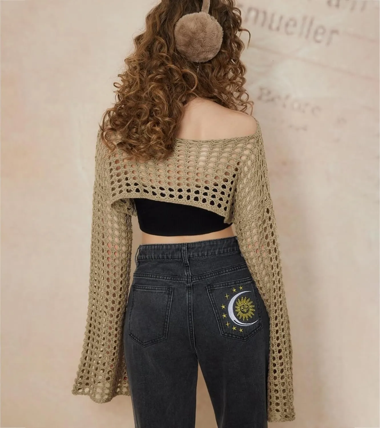 Women's Mesh Crochet Crop Tops Shrugs Sexy Y2k Hollow Out Cropped Knit Sweater See Through Bikini Cover Ups