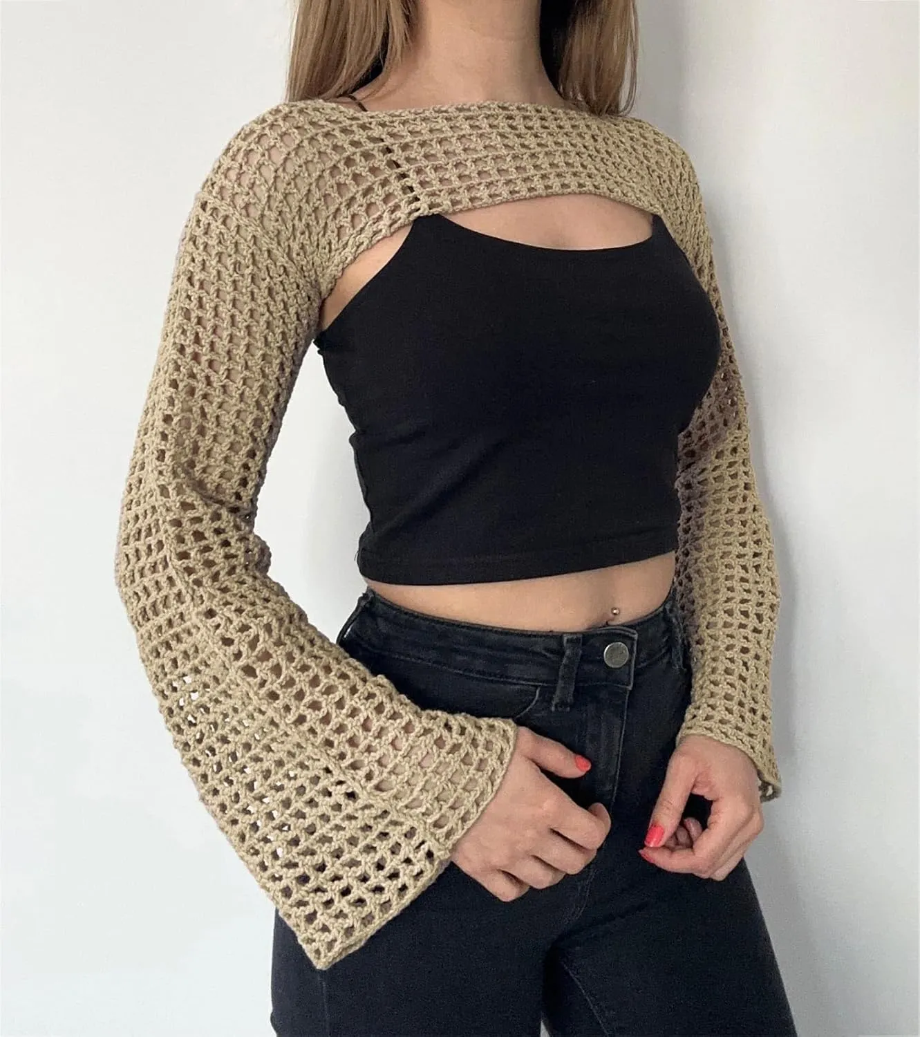 Women's Mesh Crochet Crop Tops Shrugs Sexy Y2k Hollow Out Cropped Knit Sweater See Through Bikini Cover Ups