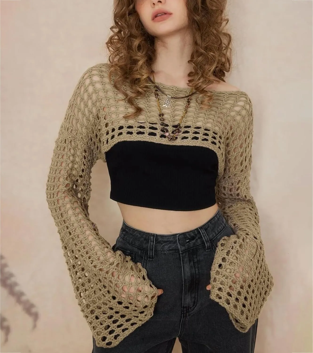 Women's Mesh Crochet Crop Tops Shrugs Sexy Y2k Hollow Out Cropped Knit Sweater See Through Bikini Cover Ups