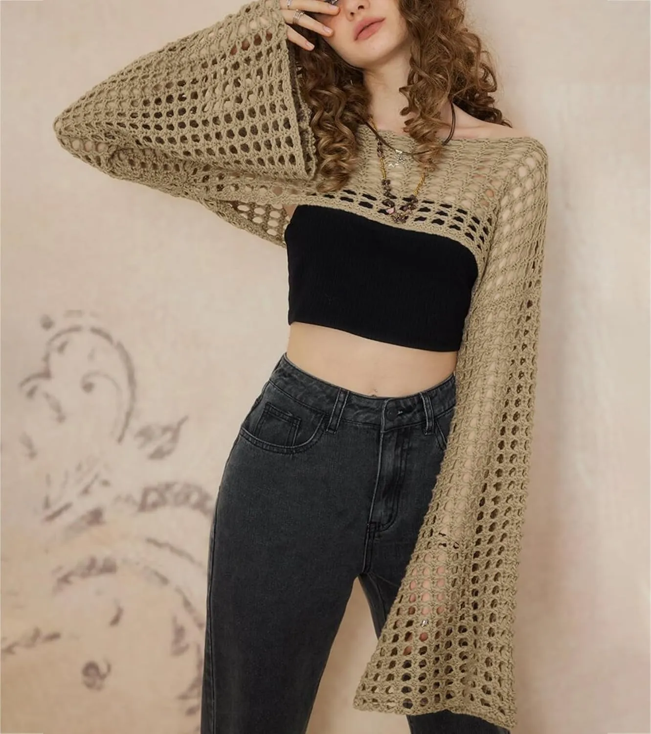 Women's Mesh Crochet Crop Tops Shrugs Sexy Y2k Hollow Out Cropped Knit Sweater See Through Bikini Cover Ups