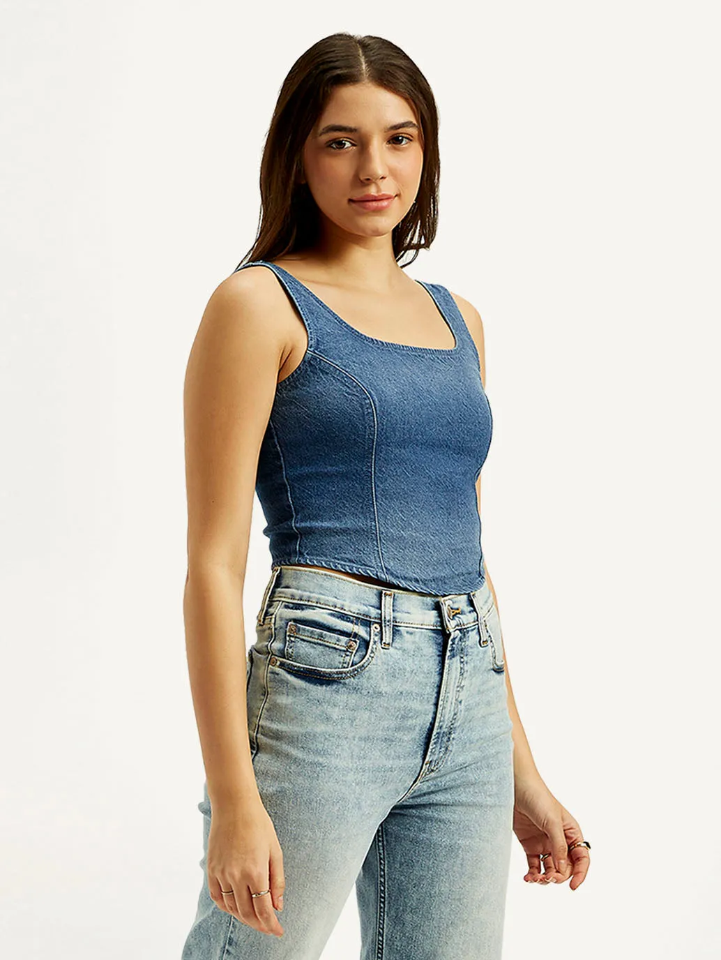 Women's Solid Blue Square Neck Top