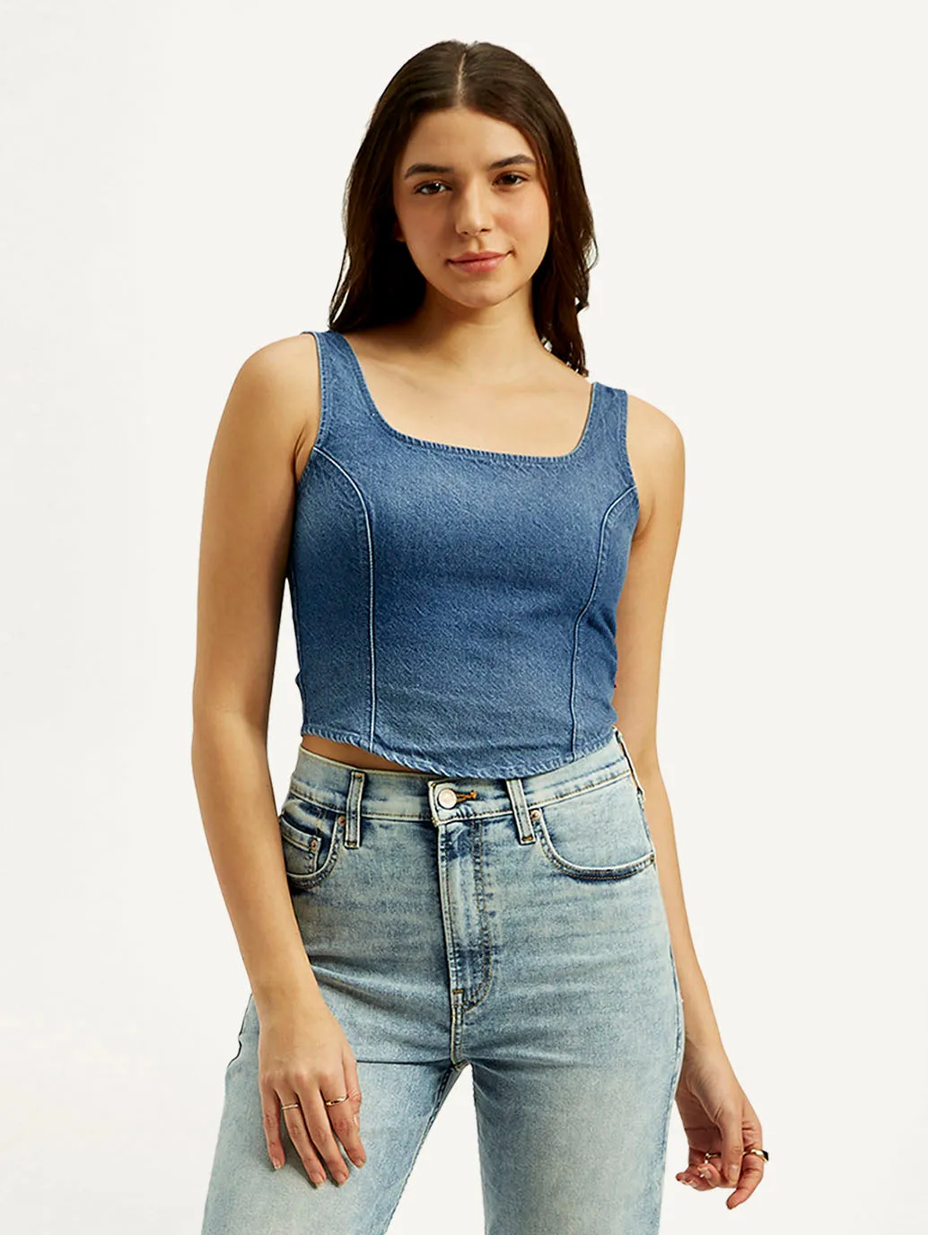 Women's Solid Blue Square Neck Top